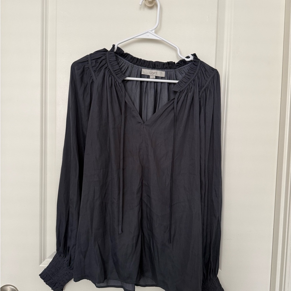 LOFT Flowy Charcoal Blue-Gray Blouse with Ruched Details and Tie-Neck